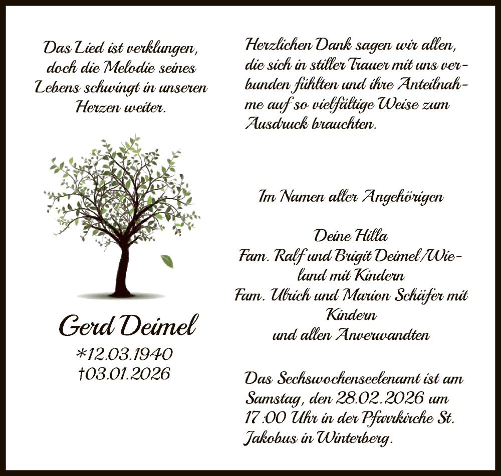  Traueranzeige für Gerd Deimel vom 07.02.2026 aus HASK