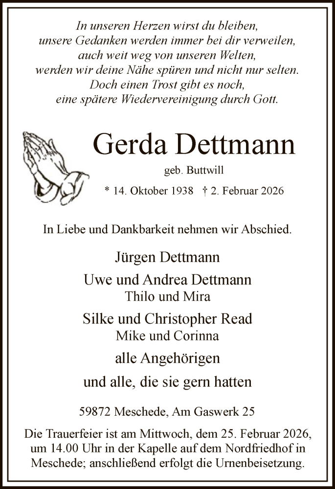  Traueranzeige für Gerda Dettmann vom 14.02.2026 aus HASK