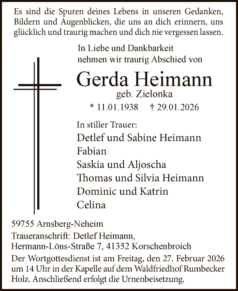  Traueranzeige für Gerda Heimann vom 07.02.2026 aus HASK