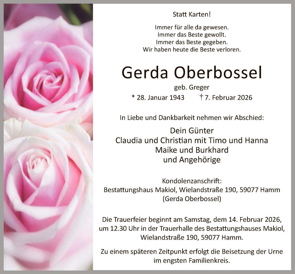  Traueranzeige für Gerda Oberbossel vom 11.02.2026 aus HAWA