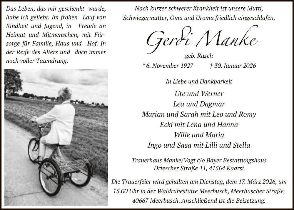  Traueranzeige für Gerdi Manke vom 14.02.2026 aus HASK