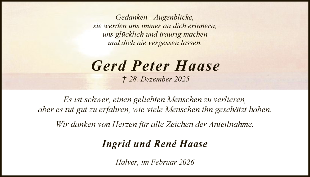 Traueranzeige für Gerd Peter Haase vom 27.02.2026 aus HALN