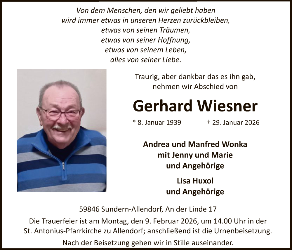  Traueranzeige für Gerhard Wiesner vom 07.02.2026 aus HASK