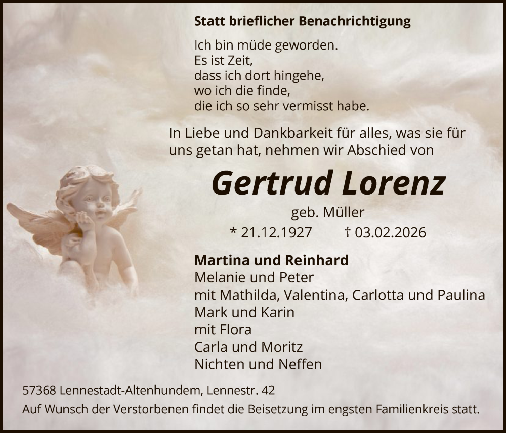  Traueranzeige für Gertrud Lorenz vom 07.02.2026 aus HASK