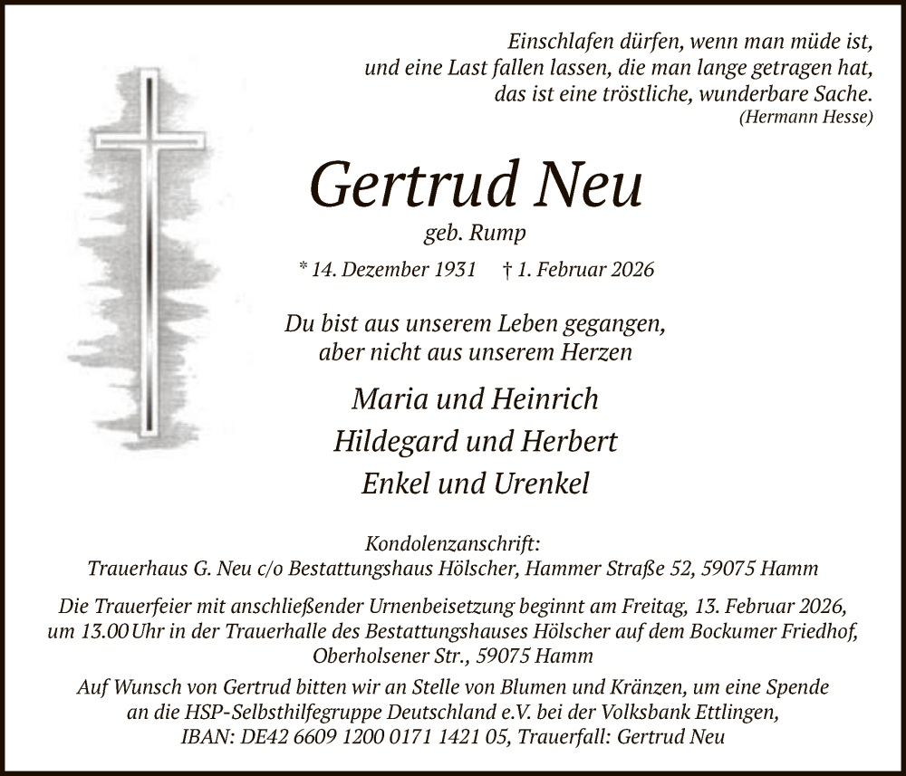  Traueranzeige für Gertrud Neu vom 07.02.2026 aus HAWA