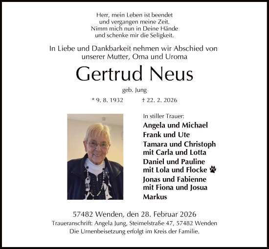 Traueranzeige von Gertrud Neus von HASK