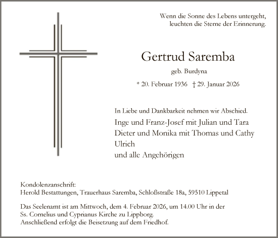 Traueranzeige von Gertrud Saremba von HASO