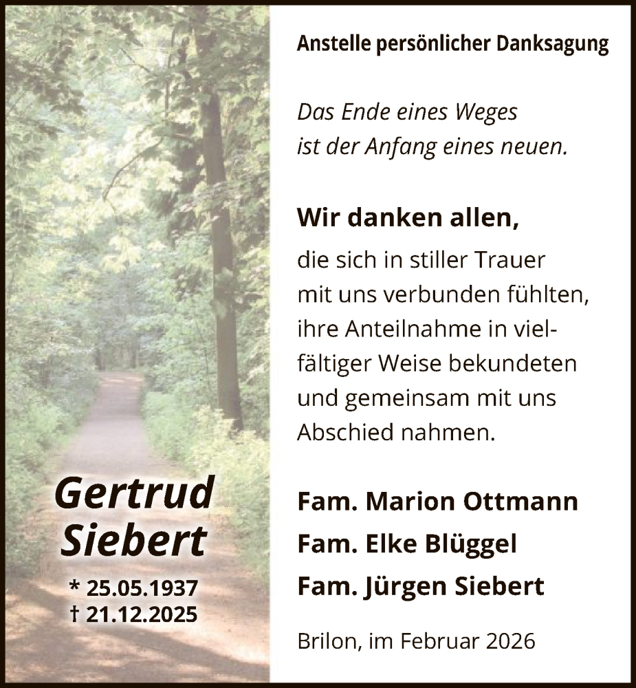  Traueranzeige für Gertrud Siebert vom 07.02.2026 aus HASK