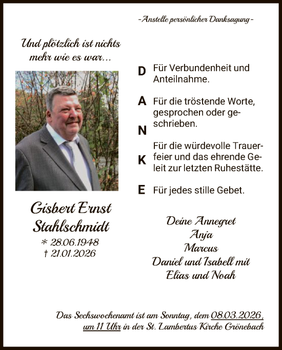 Traueranzeige von Gisbert Ernst Stahlschmidt von HASK