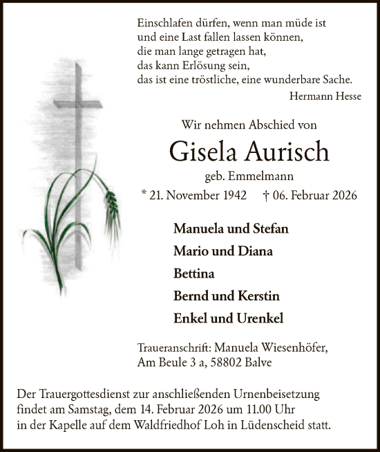 Traueranzeige von Gisela Aurisch von HALN