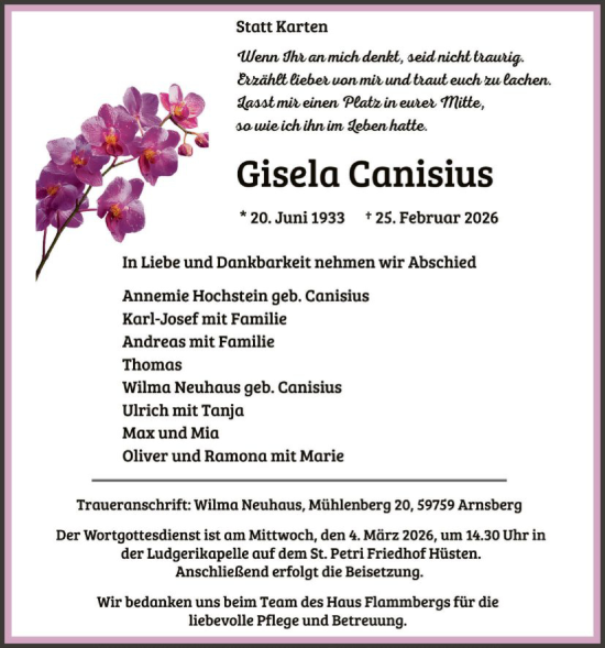Traueranzeige von Gisela Canisius von HASK