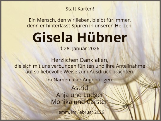 Traueranzeige von Gisela Hübner von HAWA