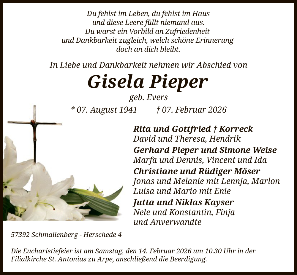  Traueranzeige für Gisela Pieper vom 14.02.2026 aus HASK