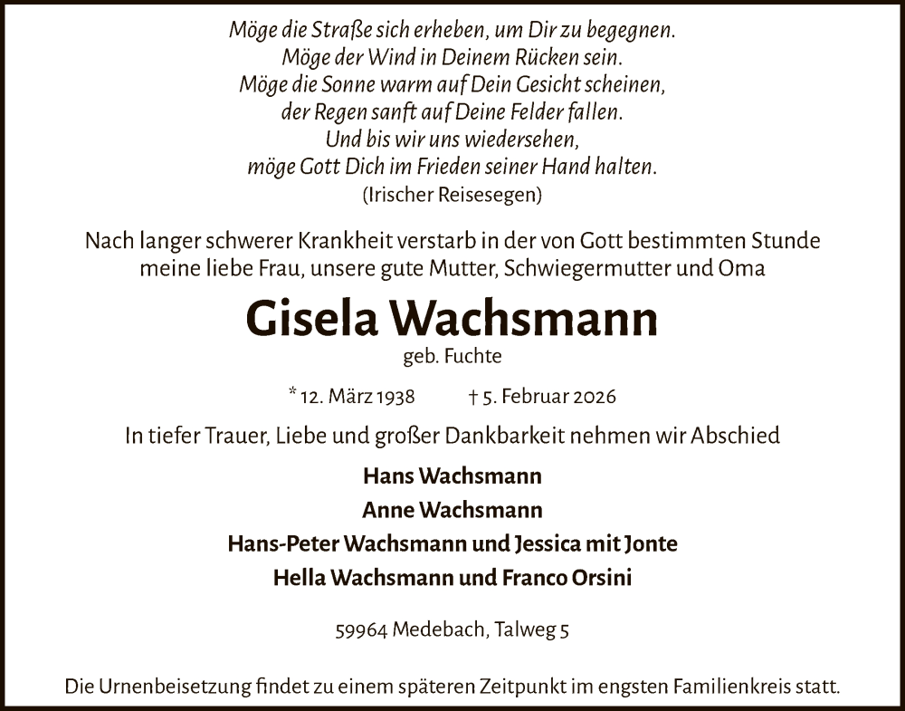  Traueranzeige für Gisela Wachsmann vom 14.02.2026 aus HASK