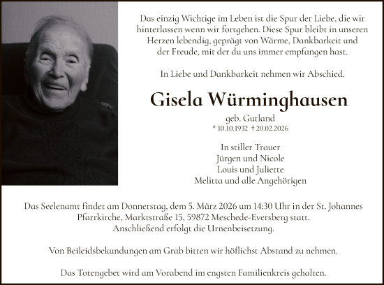 Traueranzeige von Gisela Würminghausen von HASK