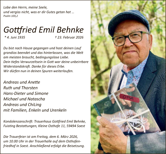 Traueranzeige von Gottfried Emil Behnke von HASO