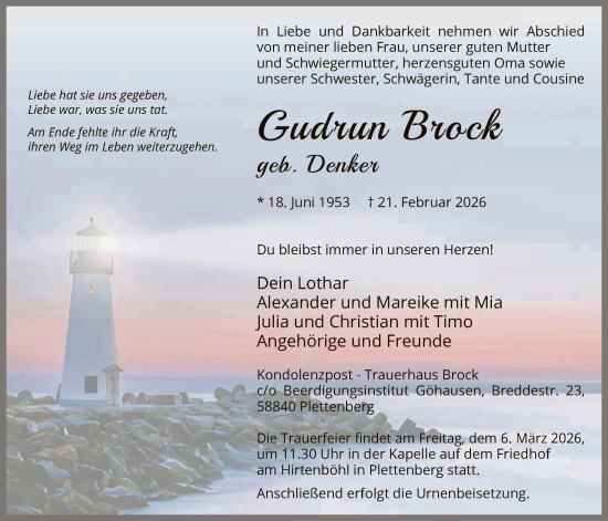 Traueranzeige von Gudrun Brock von HALN