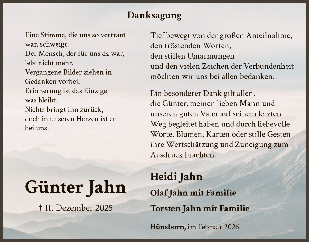 Traueranzeige für Günter Jahn vom 07.02.2026 aus HASK