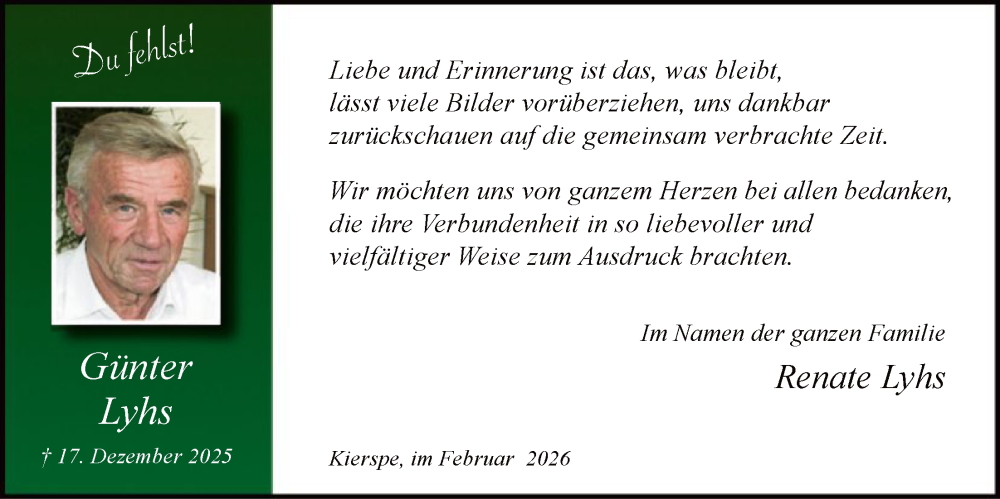  Traueranzeige für Günter Lyhs vom 21.02.2026 aus HALN