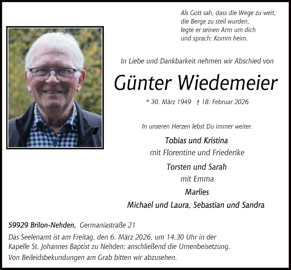  Traueranzeige für Günter Wiedemeier vom 28.02.2026 aus HASK