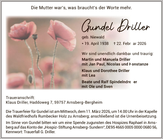 Traueranzeige von Gundel Driller von HASK