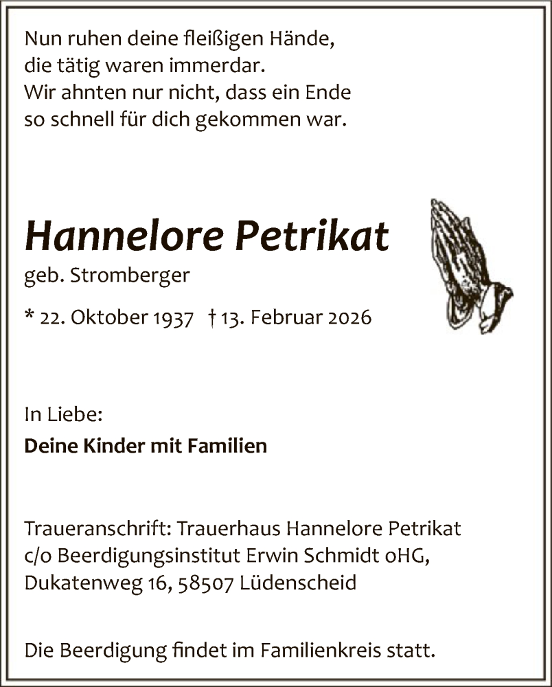  Traueranzeige für Hannelore Petrikat vom 21.02.2026 aus HALN