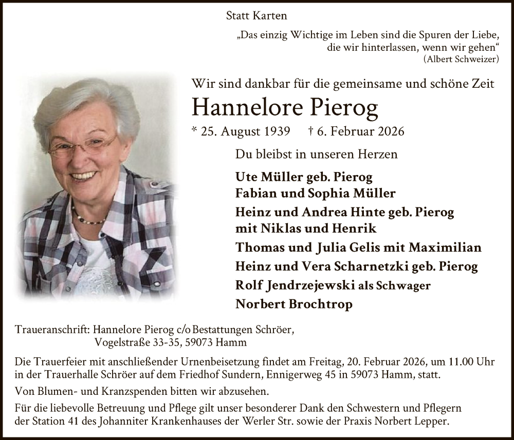  Traueranzeige für Hannelore Pierog vom 14.02.2026 aus HAWA