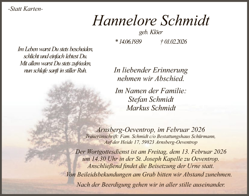  Traueranzeige für Hannelore Schmidt vom 07.02.2026 aus HASK