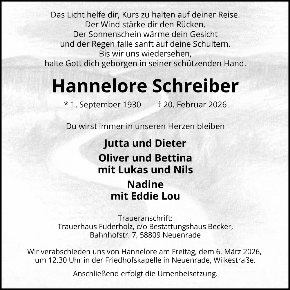  Traueranzeige für Hannelore Schreiber vom 28.02.2026 aus HALN