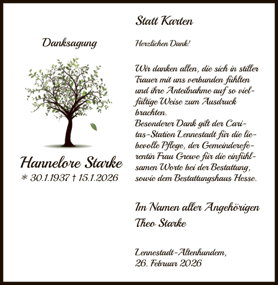 Traueranzeige von Hannelore Starke von HASK