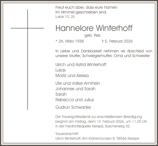 Traueranzeige von Hannelore Winterhoff von HALN