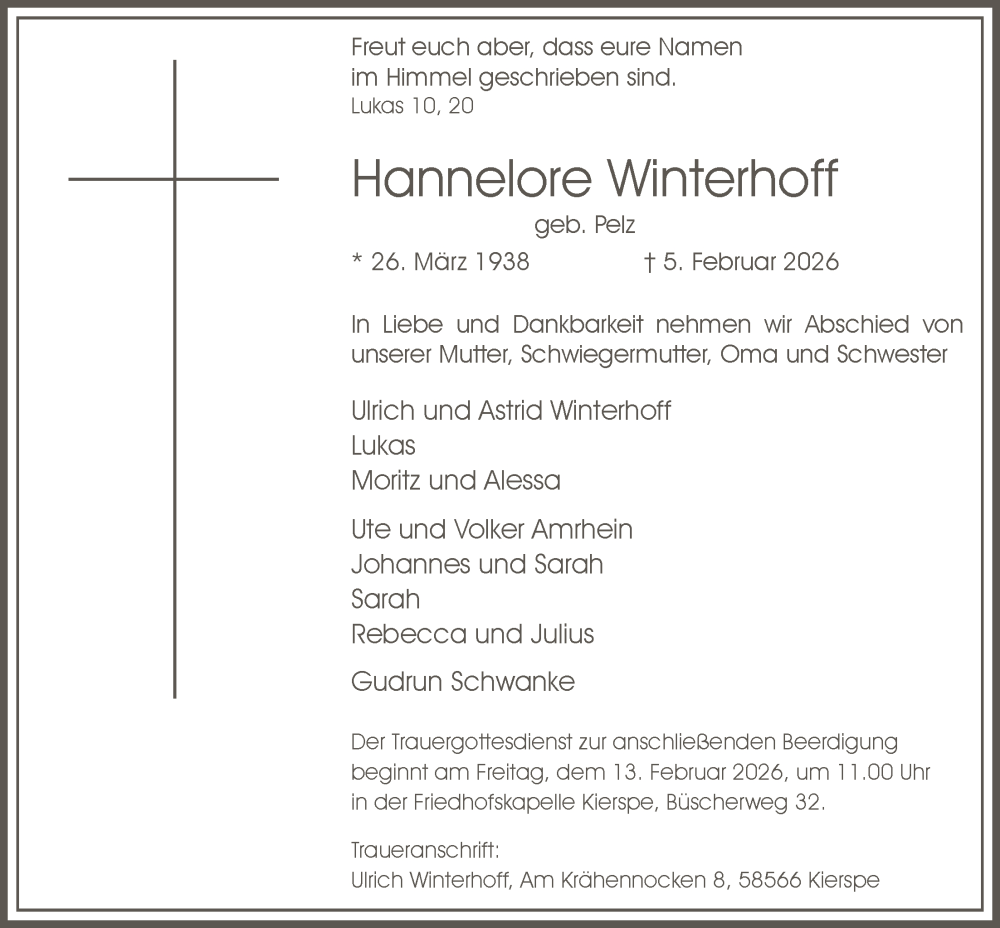 Traueranzeige für Hannelore Winterhoff vom 11.02.2026 aus HALN