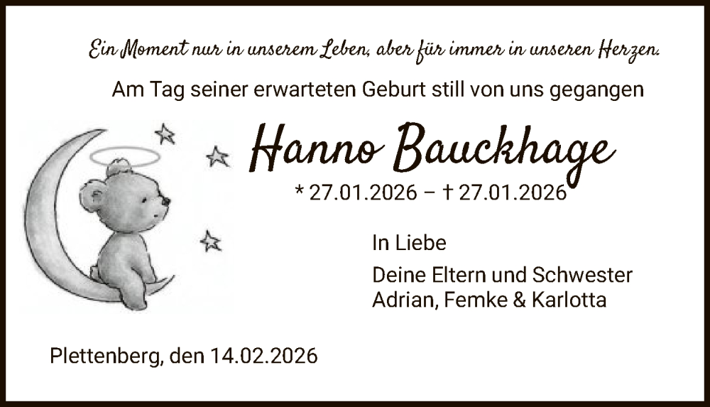  Traueranzeige für Hanno Bauckhage vom 14.02.2026 aus HALN