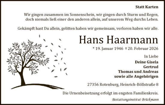 Traueranzeige von Hans Haarmann von HALN