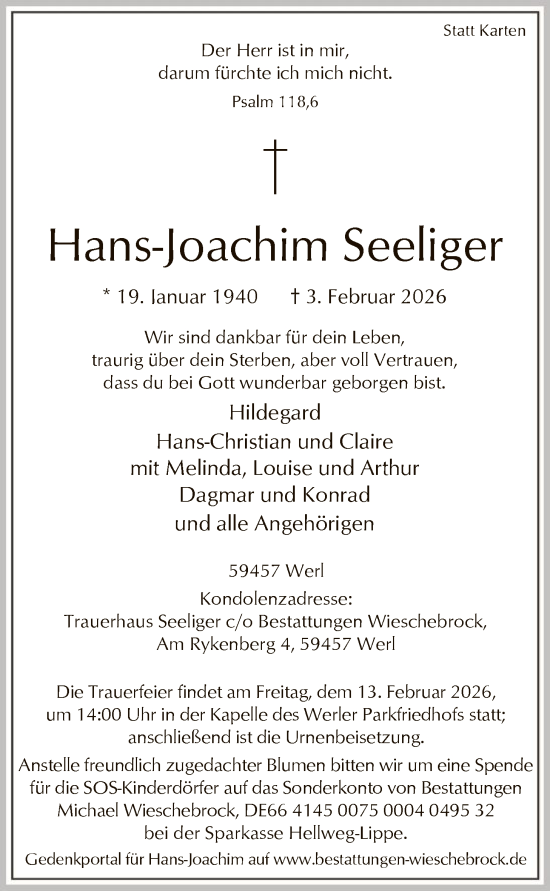 Traueranzeige von Hans-Joachim Seeliger von HASO