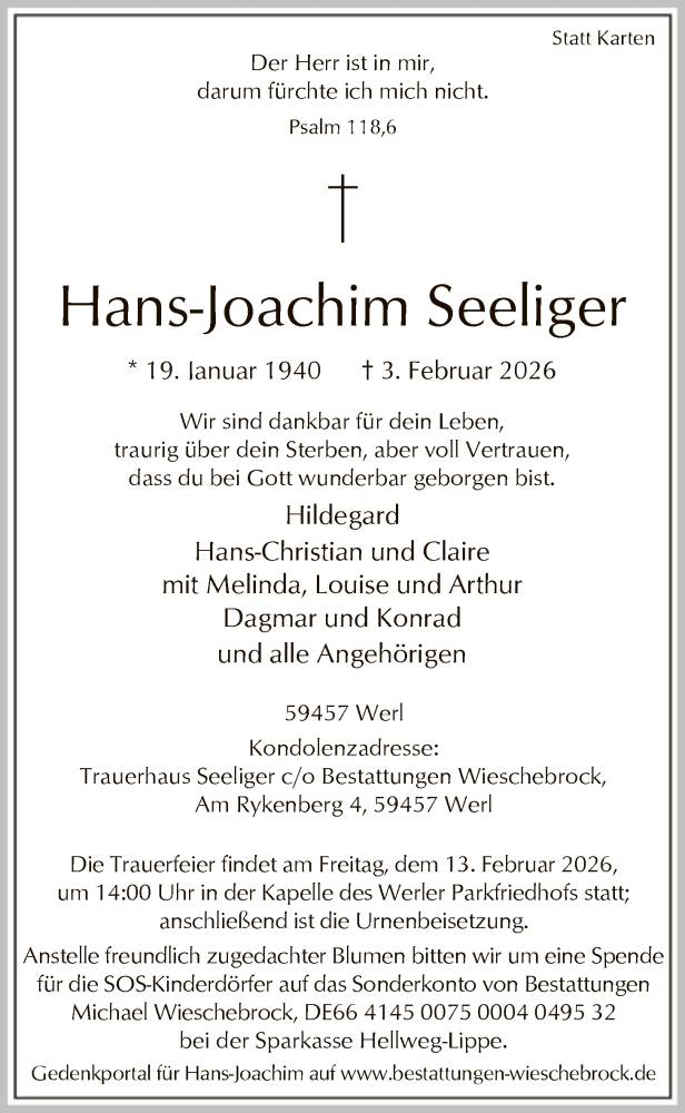  Traueranzeige für Hans-Joachim Seeliger vom 07.02.2026 aus HASO