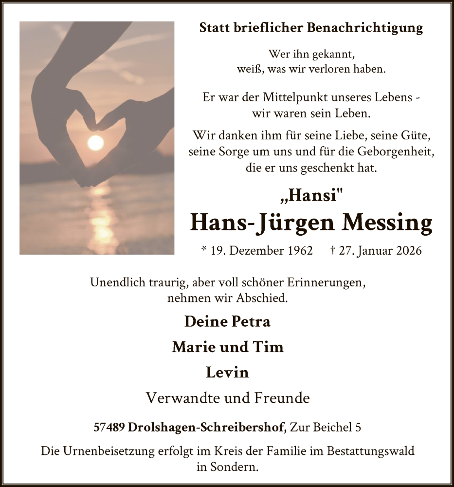  Traueranzeige für Hans-Jürgen Messing vom 07.02.2026 aus HASK