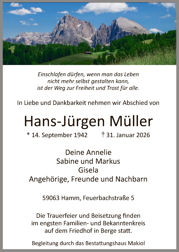  Traueranzeige für Hans-Jürgen Müller vom 07.02.2026 aus HAWA