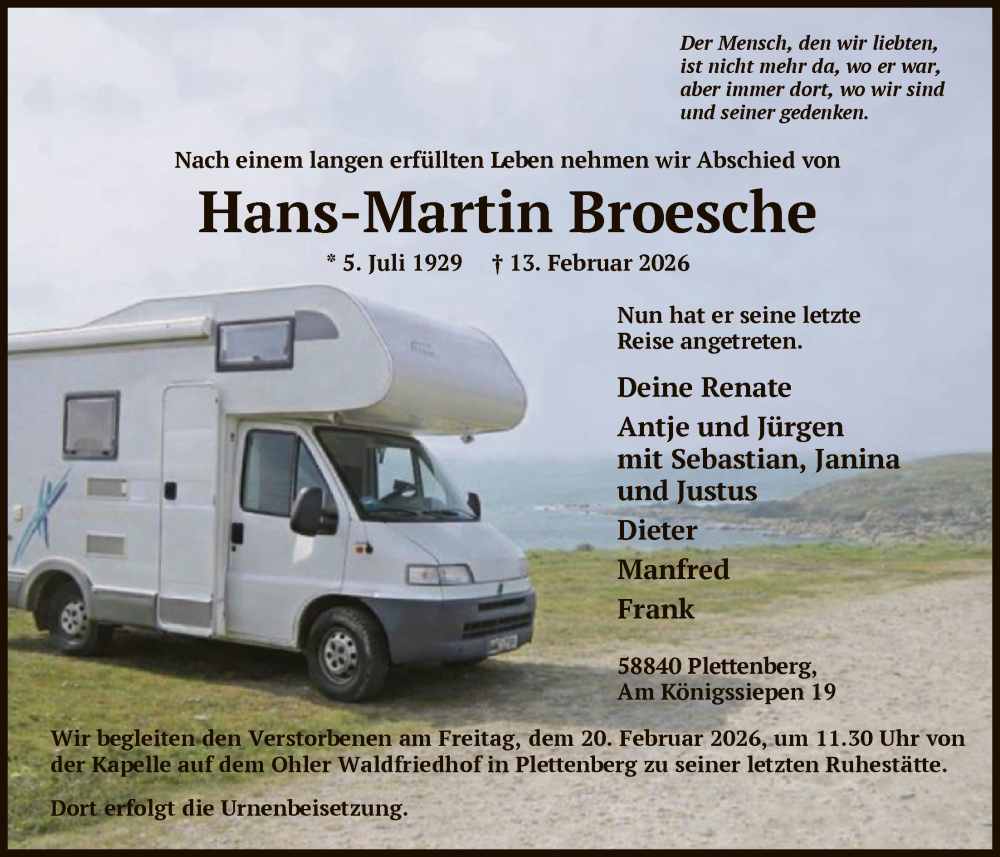  Traueranzeige für Hans-Martin Broesche vom 17.02.2026 aus HALN