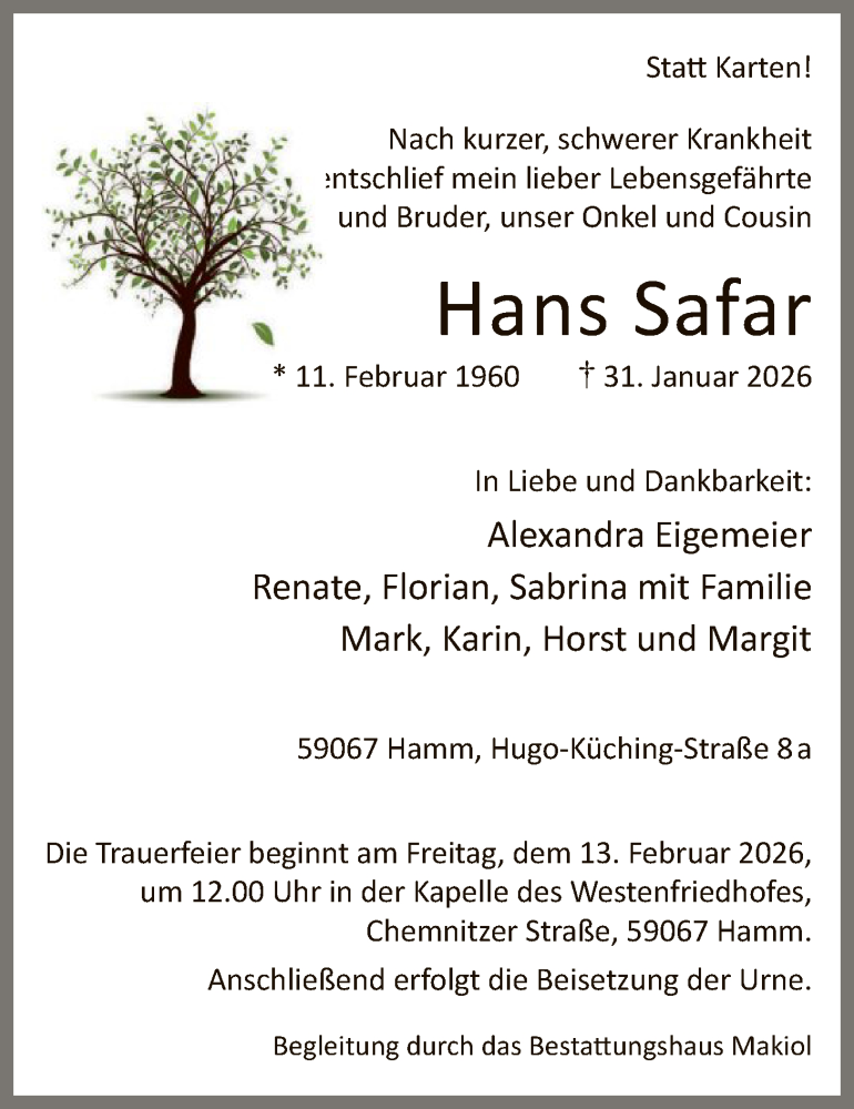  Traueranzeige für Hans Safar vom 07.02.2026 aus HAWA