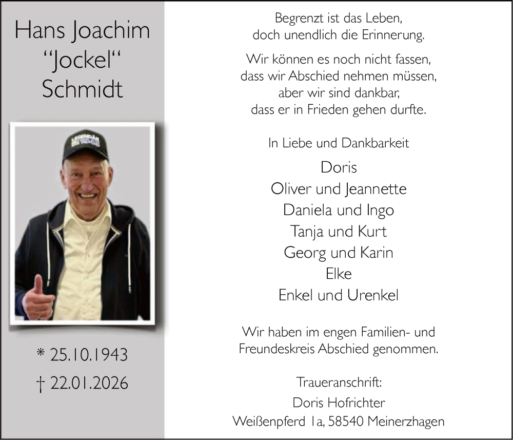  Traueranzeige für Hans Joachim Schmidt vom 07.02.2026 aus HALN