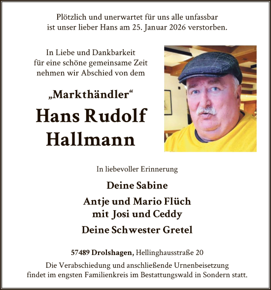 Traueranzeige von Hans Rudolf Hallmann von HASK