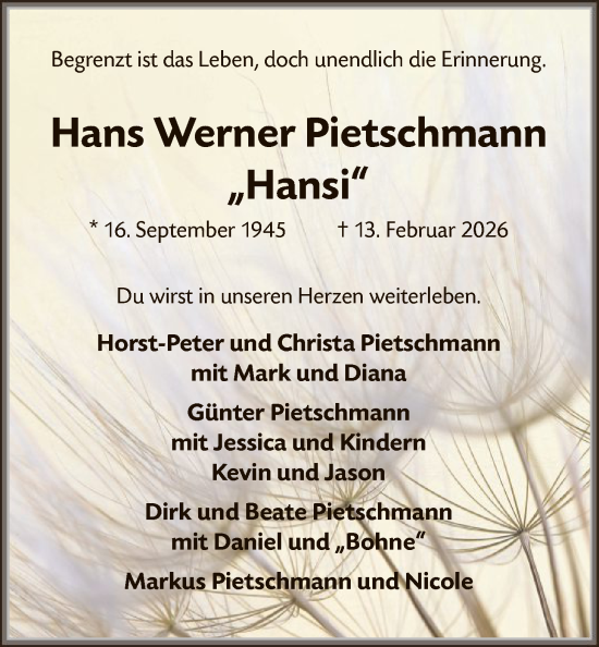 Traueranzeige von Hans Werner Pietschmann von HALN