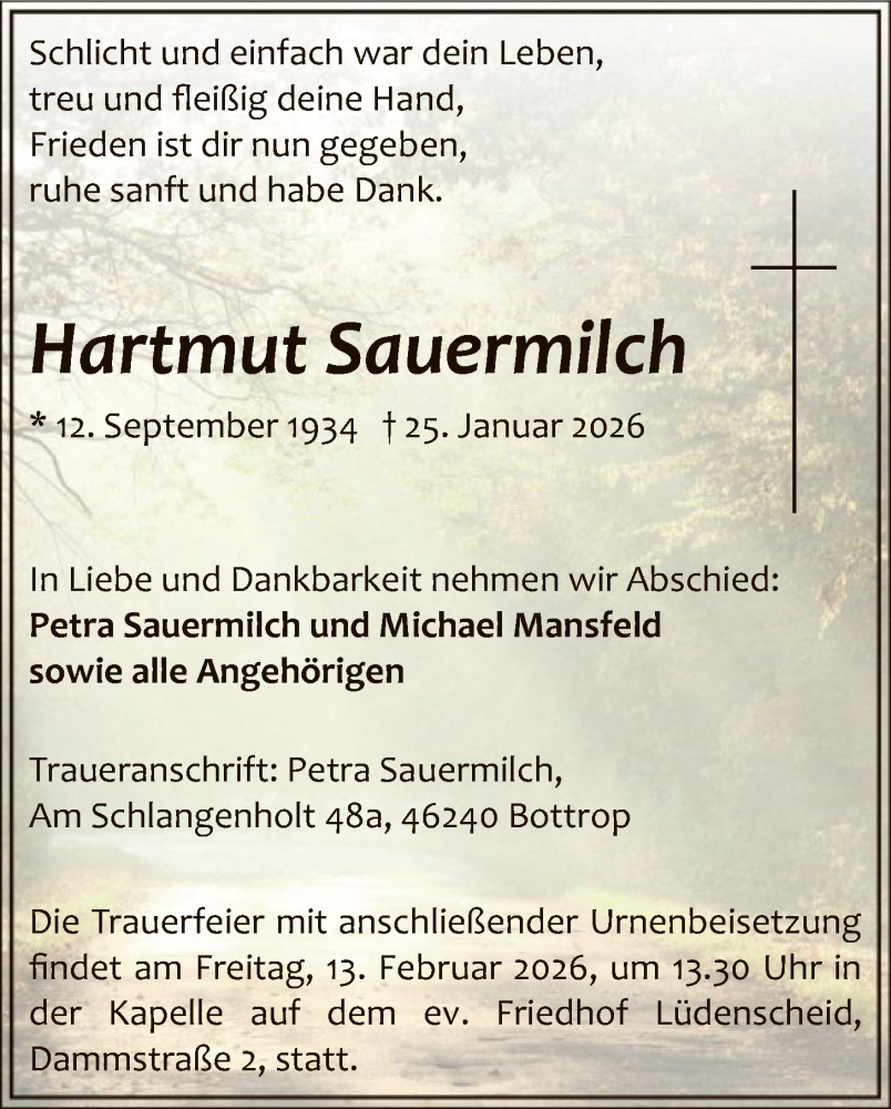  Traueranzeige für Hartmut Sauermilch vom 07.02.2026 aus HALN