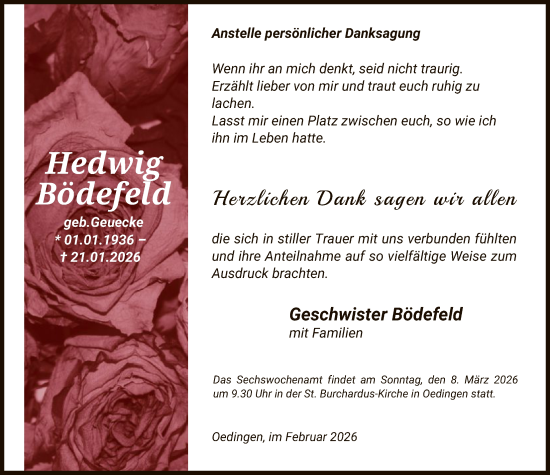 Traueranzeige von Hedwig Bödefeld von HASK