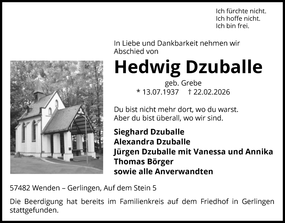  Traueranzeige für Hedwig Dzuballe vom 28.02.2026 aus HASK