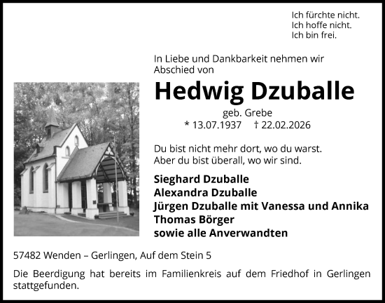 Traueranzeige von Hedwig Dzuballe von HASK
