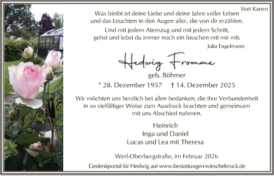 Traueranzeige von Hedwig Fromme von HASO