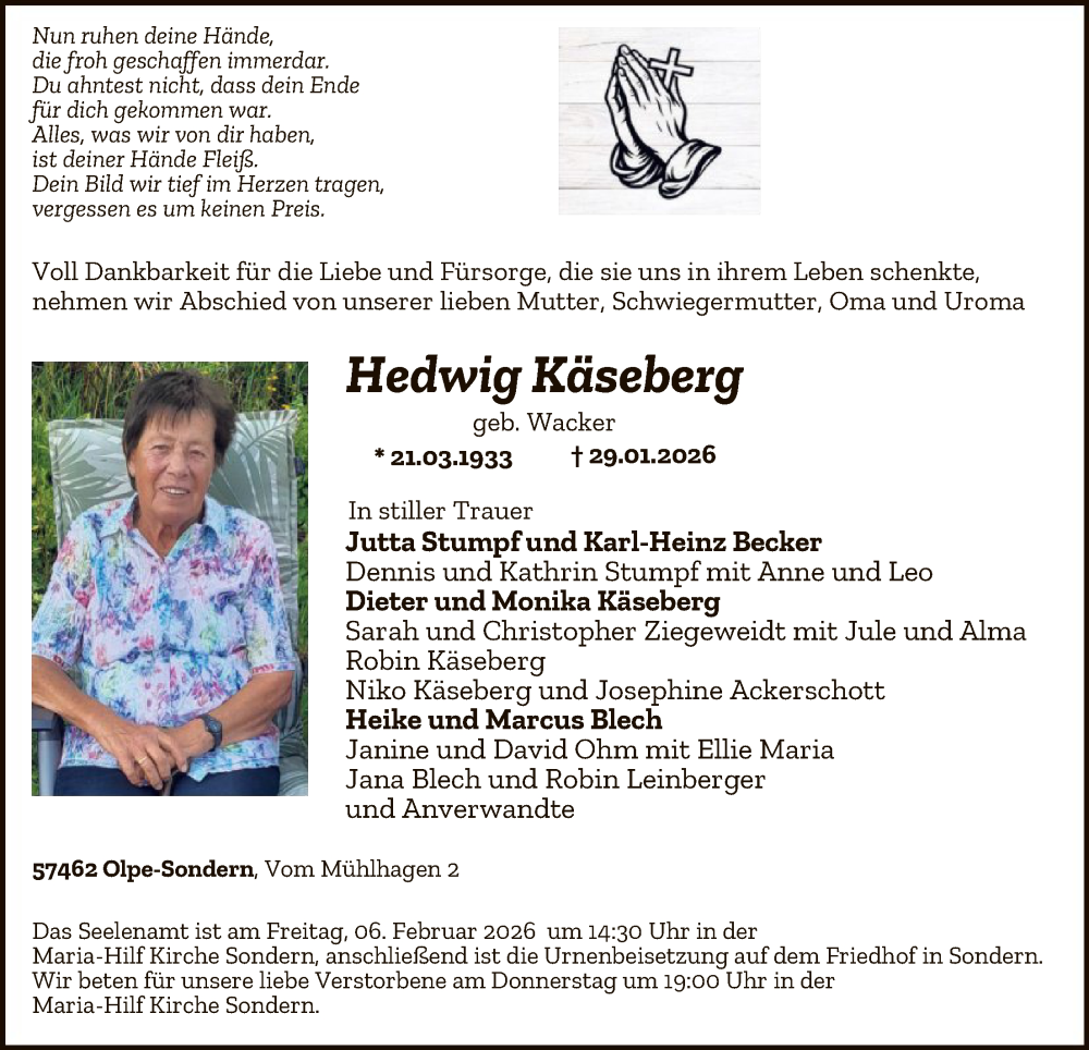  Traueranzeige für Hedwig Käseberg vom 07.02.2026 aus HASK
