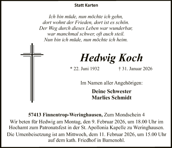 Traueranzeige von Hedwig Koch von HASK
